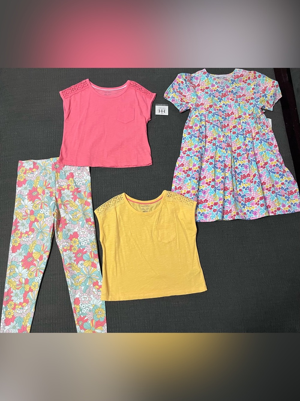 Girls Floral Dress + Coral & Yellow Tees + Floral Leggings Set